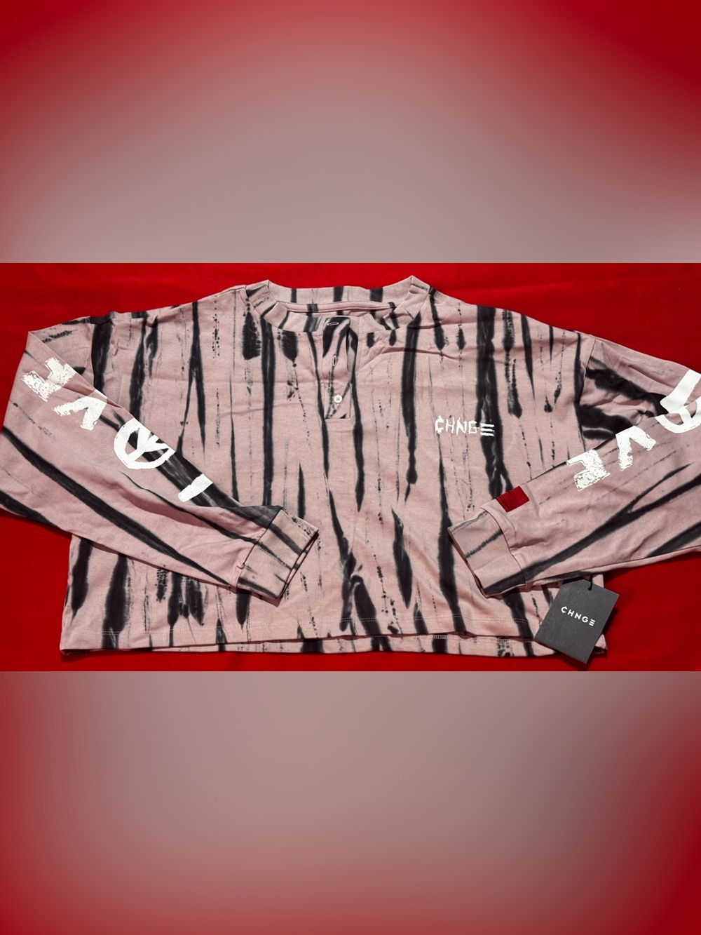 CHNGE Pink and Black Tie-Dye Long Sleeve Crop Top